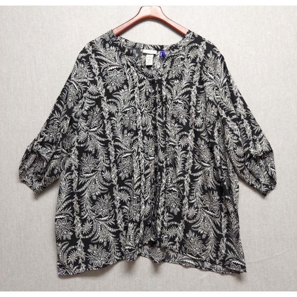 Catherines Tops - Catherines Button Womens Plus 3X WP Black White 3/4 Roll Tab Floral Tunic Boho